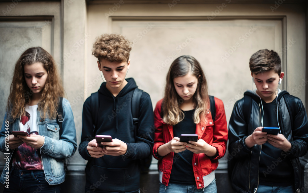Obraz premium Teenagers are growing up with a smartphones. Social networks and the process of zombification of the younger generation
