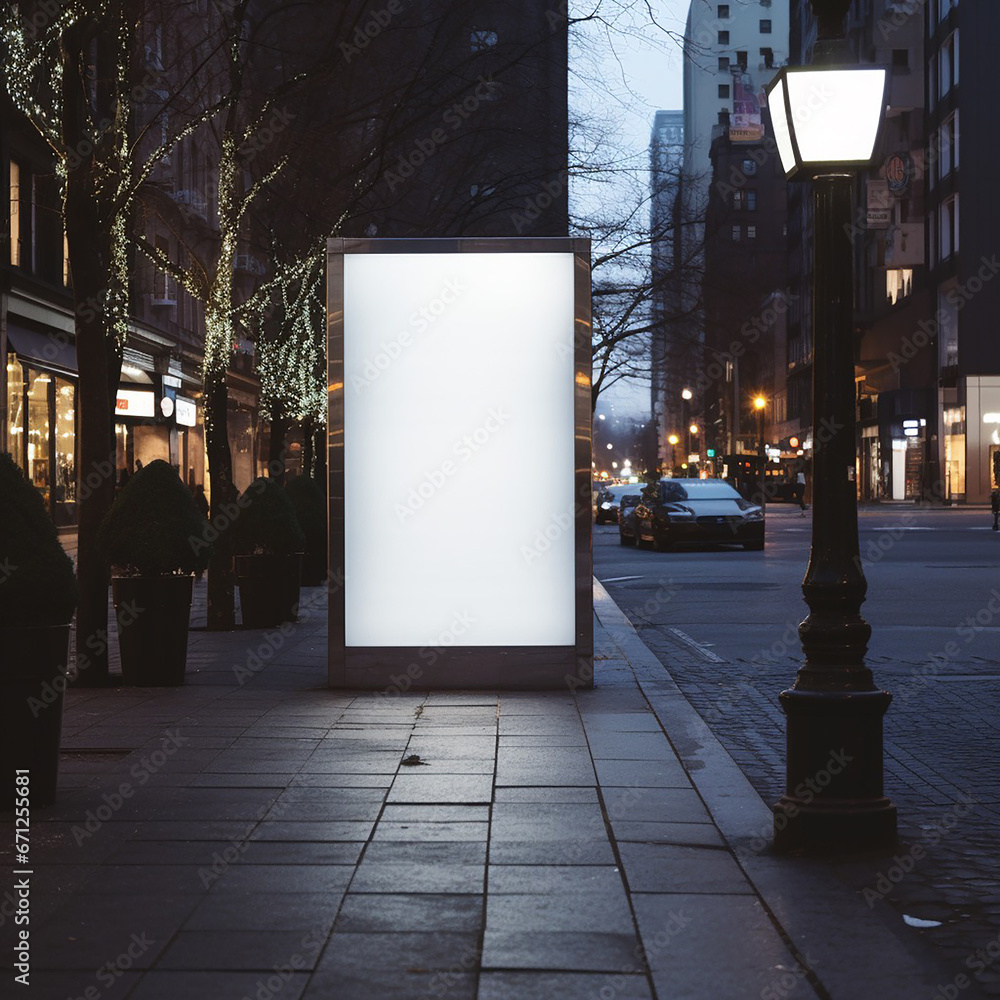 Blank Street Ad Sign Amid Sidewalk, Snapshot Aesthetic, Light White and Dark Brown Tones Blank Street Ad Sign Amid Sidewalk, Snapshot Aesthetic, Light White and Dark Brown Tones