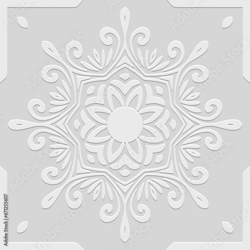 Embossed white background, cover design. Boho style, handmade. Geometric ethnic vintage 3D pattern, old mandala. Stylish ornaments of the East, Asia, India, Mexico, Aztec, Peru.