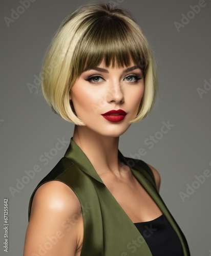 a woman with a short bob cut wearing a green dress and red lipstick on a gray background 