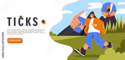 Insects ticks banner concept. Woman wth spray against mosquito in hands. Health care and prevention. Protection from bites. Cartoon flat vector illustration isolated on white background