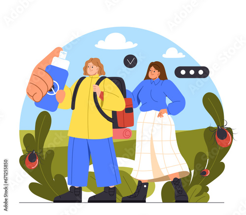 Insects ticks concept. Man and woman wth spray against mosquito in hands. Rest and leisure outdoor. Protection from bites. Cartoon flat vector illustration isolated on white background
