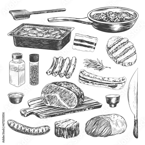 Set of kitchen utensils and fried meat. Sketch style roast beef on cutting board. Sausage, speck, steak, lamb ribs. Engraving style baking sheet, frying pan, knife, spice jars isolated on white.