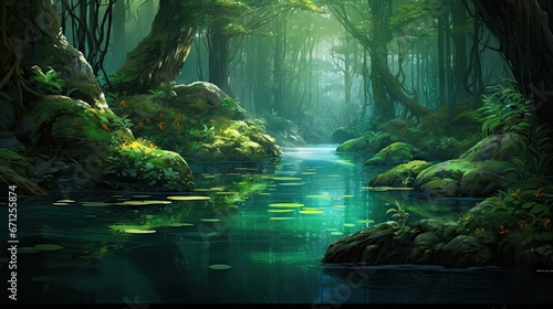  a painting of a stream running through a forest filled with lots of green plants and trees on both sides of the stream. generative ai