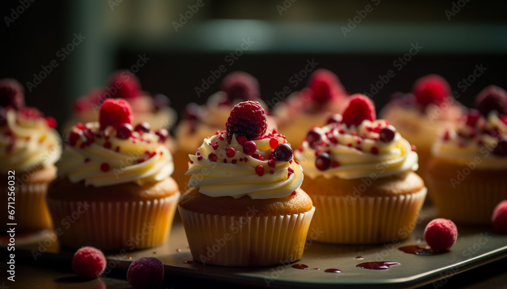 Indulgent homemade cupcakes with fresh raspberry icing and berry decoration generated by AI