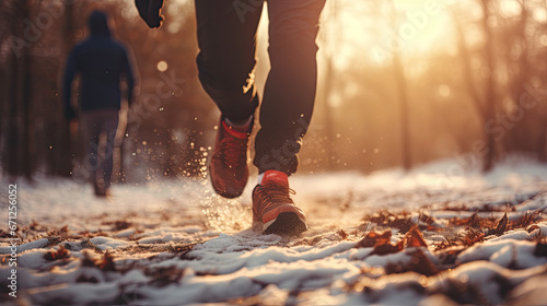 People Running in Snowy Sunset Blur During Winter Season, Weight Loss And Fitness After Festivities. Running Background. Generative AI