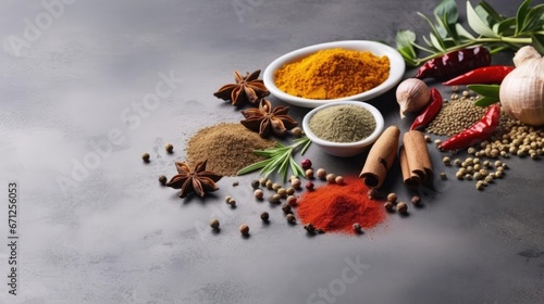 Herbal spiced and powdered foods that aid stress management and support the body s functions On a speckled gray background With