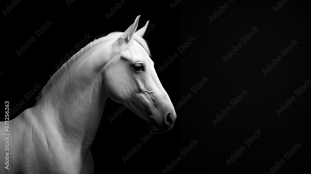  a white horse standing in the dark with its head turned to the side and it's head turned to the side.  generative ai