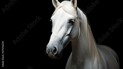  a white horse with long blonde hair standing in front of a black background with its head turned to the side. generative ai