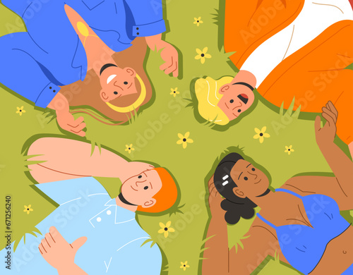 People lying on grass together. Young guys and girls lie on hill, view from top. Teenagers resting in nature in spring and summer season. Friends having fun together. Cartoon flat vector illustration