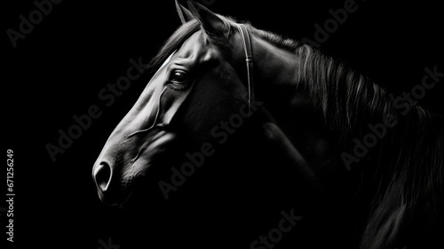  a black and white photo of a horse with a bridle on it's head in the dark. generative ai