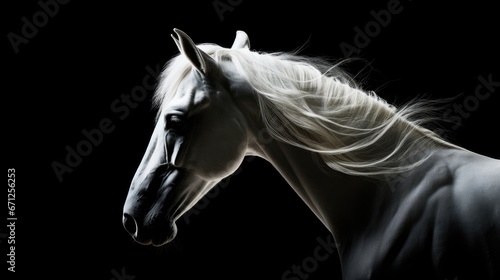  a black and white photo of a horse's head with long hair blowing in the wind on a black background.  generative ai © Anna