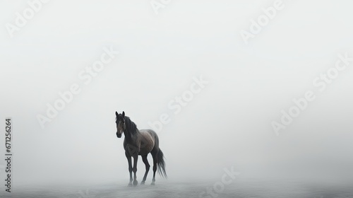  a horse standing in the middle of the ocean on a foggy day in the middle of a body of water. generative ai