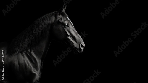  a black and white photo of a horse s head in the dark  with the light shining on the horse s head.  generative ai