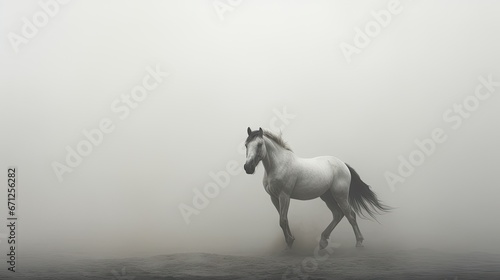  a white horse galloping through the foggy sky in the middle of the day with its rear legs in the air. generative ai © Anna