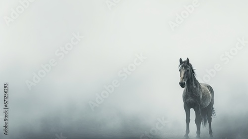  a horse standing in a foggy field with its head turned to the right and it s head turned to the left.  generative ai