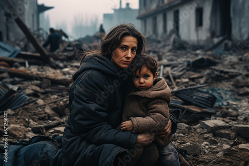 Mother and child in destroyed city