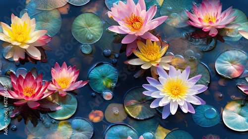  a group of pink and yellow water lilies floating on top of a body of water with lily pads on the bottom of the water.  generative ai
