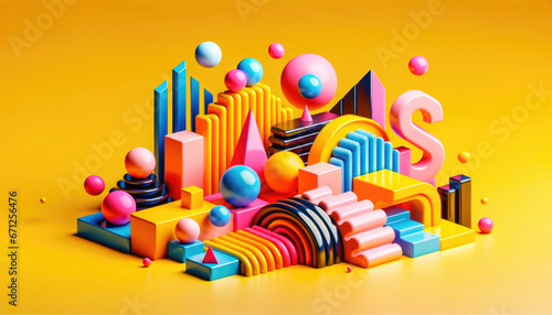Abstract composition with bright geometric shapes in the 3d Memphis style