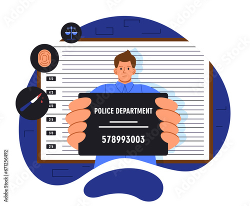 Mugshot of man concept. Young guy with table. Criminal in police. Gangster and robber with fingerprints. Character in prison. Cartoon flat vector illustration isolated on white background