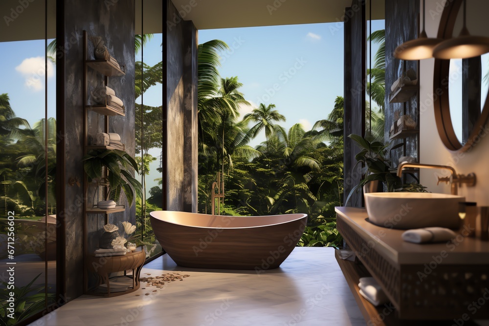 a bathroom with a tub and sink and plants