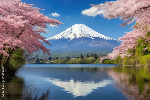 Mount Fuji rises with grandeur, Surrounding natural wonder vibrant flowers bloom in a colorful embrace, and lush trees add to the lushness of the landscape