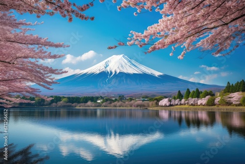Mount Fuji rises with grandeur, Surrounding natural wonder vibrant flowers bloom in a colorful embrace, and lush trees add to the lushness of the landscape © SaroStock