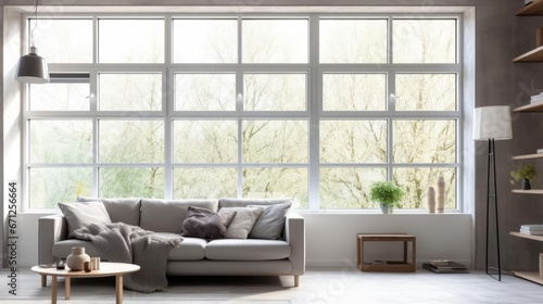 Interior of light living room with grey sofa and big window 