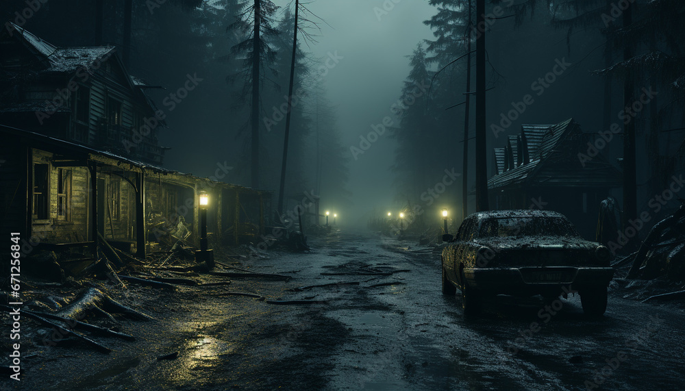 A spooky old forest, dark and foggy, holds nature mystery generated by AI