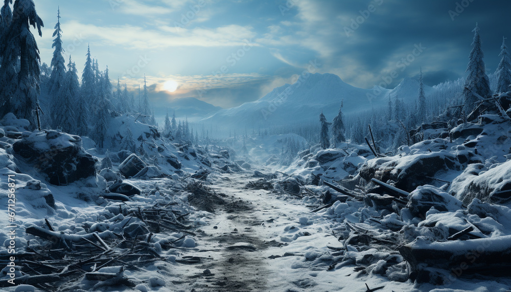 Winter landscape  Frozen mountain range, tranquil scene, beauty in nature generated by AI
