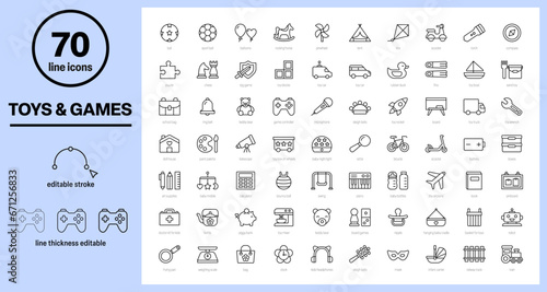 toys icons, games icons, toy, game icon set, toy symbols, children toys, editable stroke line, baby, kids entertainment, contour symbols pack, teddy bear, toy car, rpg games, kite, puzzle and more