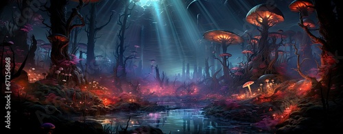 Mystical forest with glowing mushrooms, moonlit night, and ethereal atmosphere, perfect for fantasy-themed projects.