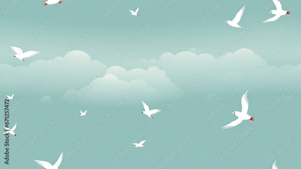 a flock of white birds flying through a cloudy blue sky with a red dot in the center of the sky. generative ai a flock of white birds flying through a cloudy blue sky with a red dot in the center of the sky. generative ai
