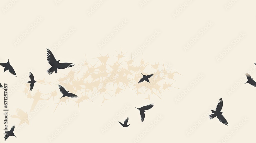  a flock of birds flying next to each other on a white and beige background with a tree in the foreground.  generative ai