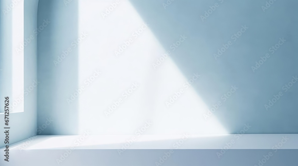 Fototapeta premium Minimal abstract light blue background for product presentation Shadow and light from windows on plaster wall 