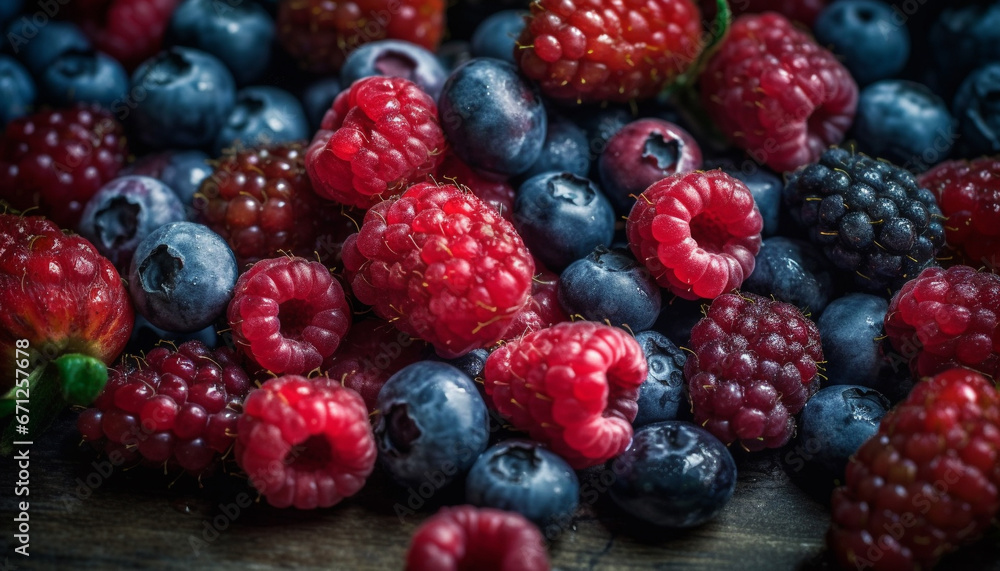 A heap of fresh, ripe berry fruit on a wooden table generated by AI A heap of fresh, ripe berry fruit on a wooden table generated by AI