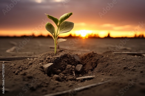 Emergence Amidst Desolation: A Seedling's Dance at Dusk