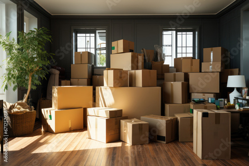 In the context of a move, various cardboard boxes and cleaning supplies are prepared for the transition to a new home. The arrangement of cardboard boxes is the focal point. Generative Ai. © Sebastian