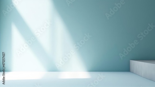 Minimal abstract light blue background for product presentation Shadow and light from windows on plaster wall 