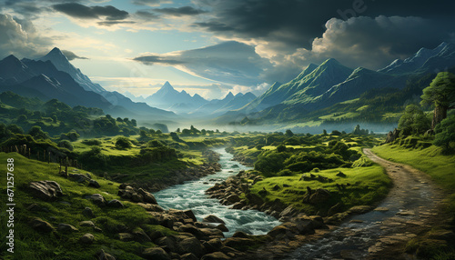 Majestic mountain peak reflects in tranquil water, creating idyllic landscape generated by AI