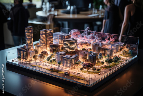 A complex scale model is displayed on a table, where real estate developers, architects, and business professionals collaborate on a new commercial building project in the office. Generative Ai.