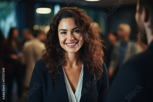 A mid-aged businesswoman exudes happiness as she shakes hands during an office meeting. Her smile reflects the positive interactions involved in hiring. Generative Ai.