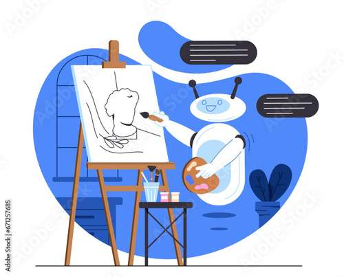 Robot painting on easel concept. Artificial intelligence and machine learning. Modern technologies and innovations. Art and creativity. Cartoon flat vector illustration isolated on white background