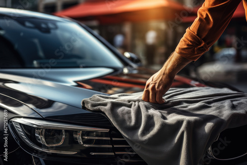 A man meticulously cleans a car with a microfiber cloth, evoking the concept of car detailing and car wash services. Generative Ai. © Sebastian