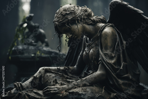 The image provides a background with a fragment of a sorrowful angel statue in a cemetery, creating a context for a funeral ceremony. Generative Ai.