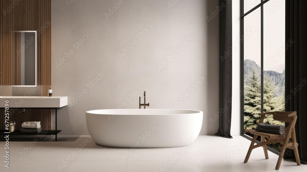 Fototapeta premium Modern hotel studio interior with tub washbasin and window Empty wall 