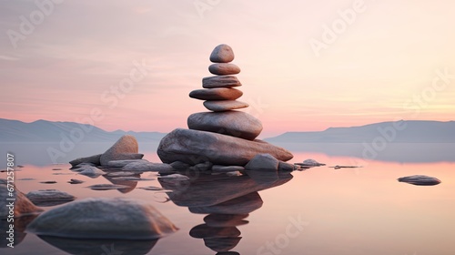  a pile of rocks sitting on top of a lake next to a shore covered in water and a pink sky.  generative ai