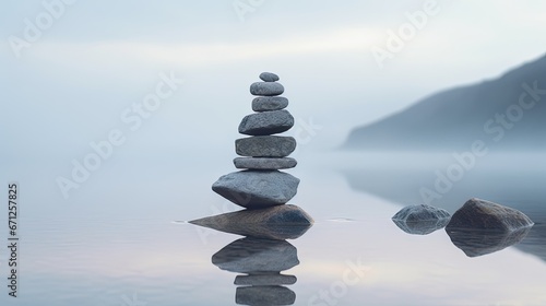  a stack of rocks sitting on top of a body of water next to a large body of water with a mountain in the background.  generative ai