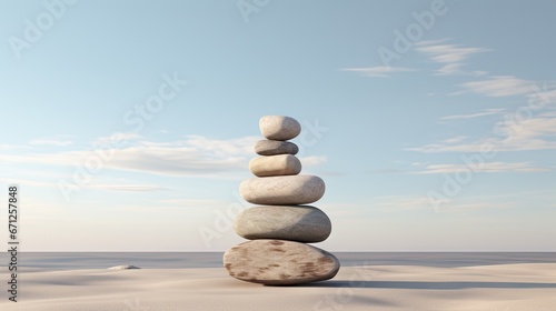  a stack of rocks sitting on top of a sandy beach next to the ocean with a blue sky in the background.  generative ai