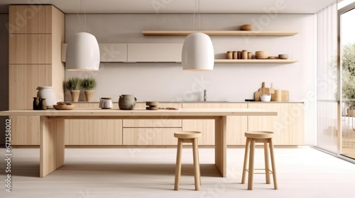 Modern scandinavian minimalist interior design of kitchen with island dining table and wooden stool 
